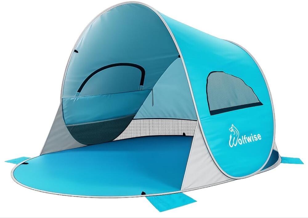 WolfWise 3-Person Pop Up Beach Tent UPF 50+ Sun Shelter Blue Open Box